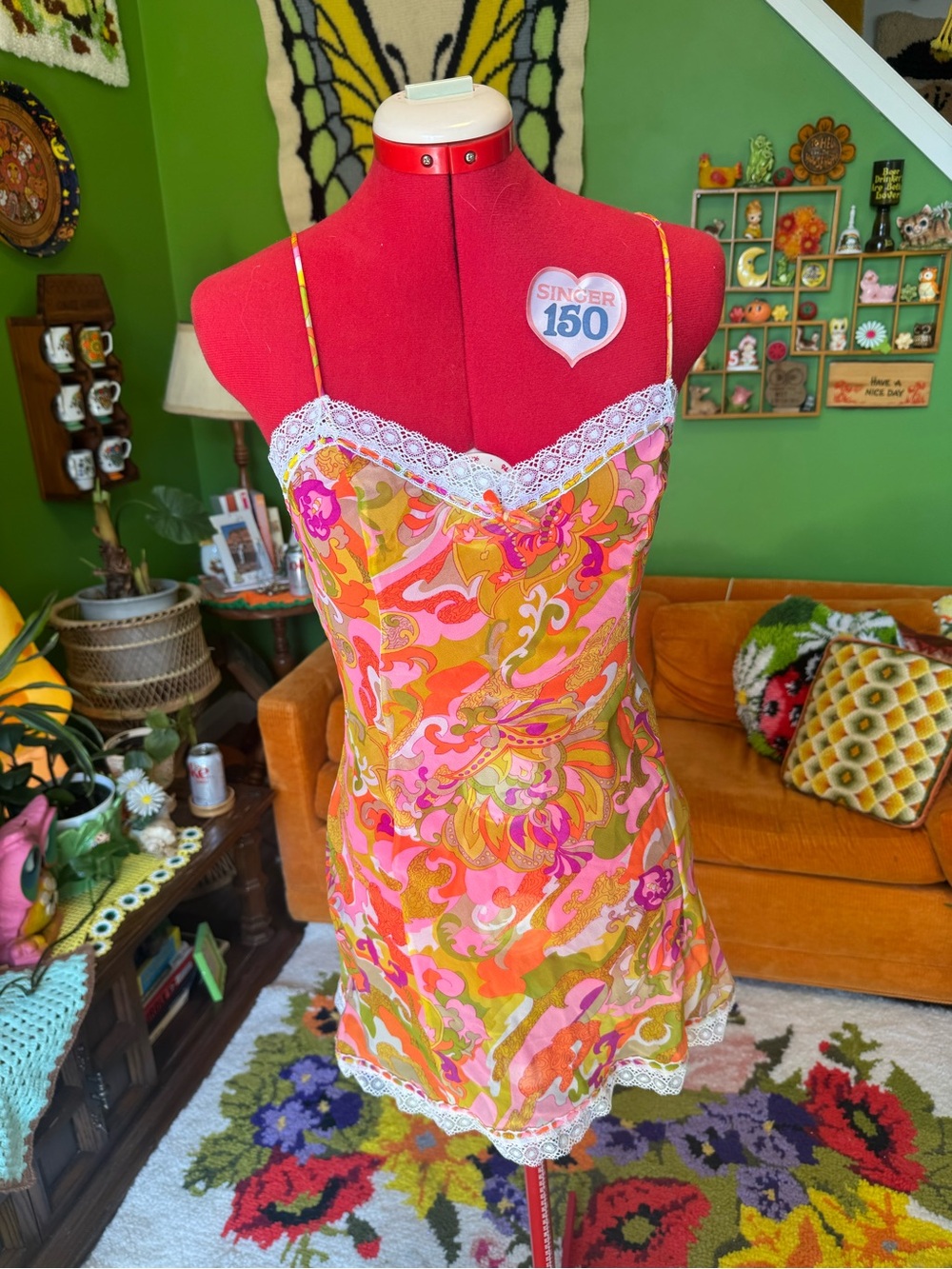 Vibrant 60s-Style Slip Dress with Lace Trim - Pink & Orange Floral
